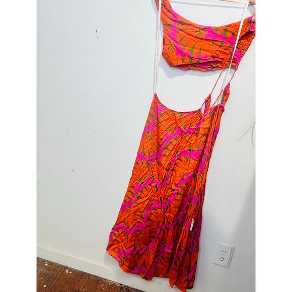 FARM RIO Orange Pink One Shoulder Ruched Waist Tie Copacabana A-Line Dress S - Picture 7 of 16